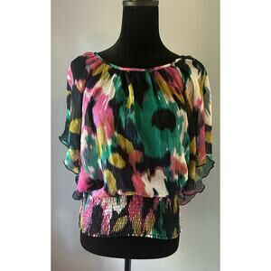 Delia’s Vintage Y2K Kimono Dolman Sleeve Blouse  Sheer Shirred Waist Multicolor